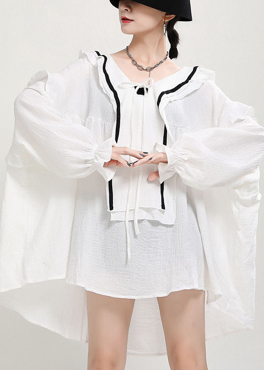 Italian White V Neck Loose Patchwork Fall Long Sleeve Dress