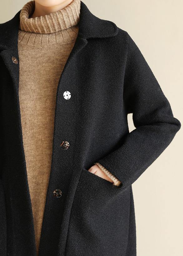 Italian Black Outfit Cotton Notched Collar Two Pockets Coat