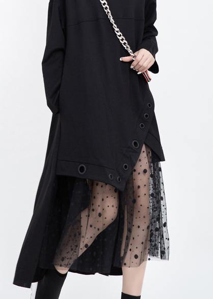 Italian Black Cotton Dresses Patchwork Tulle Long Fall Dress