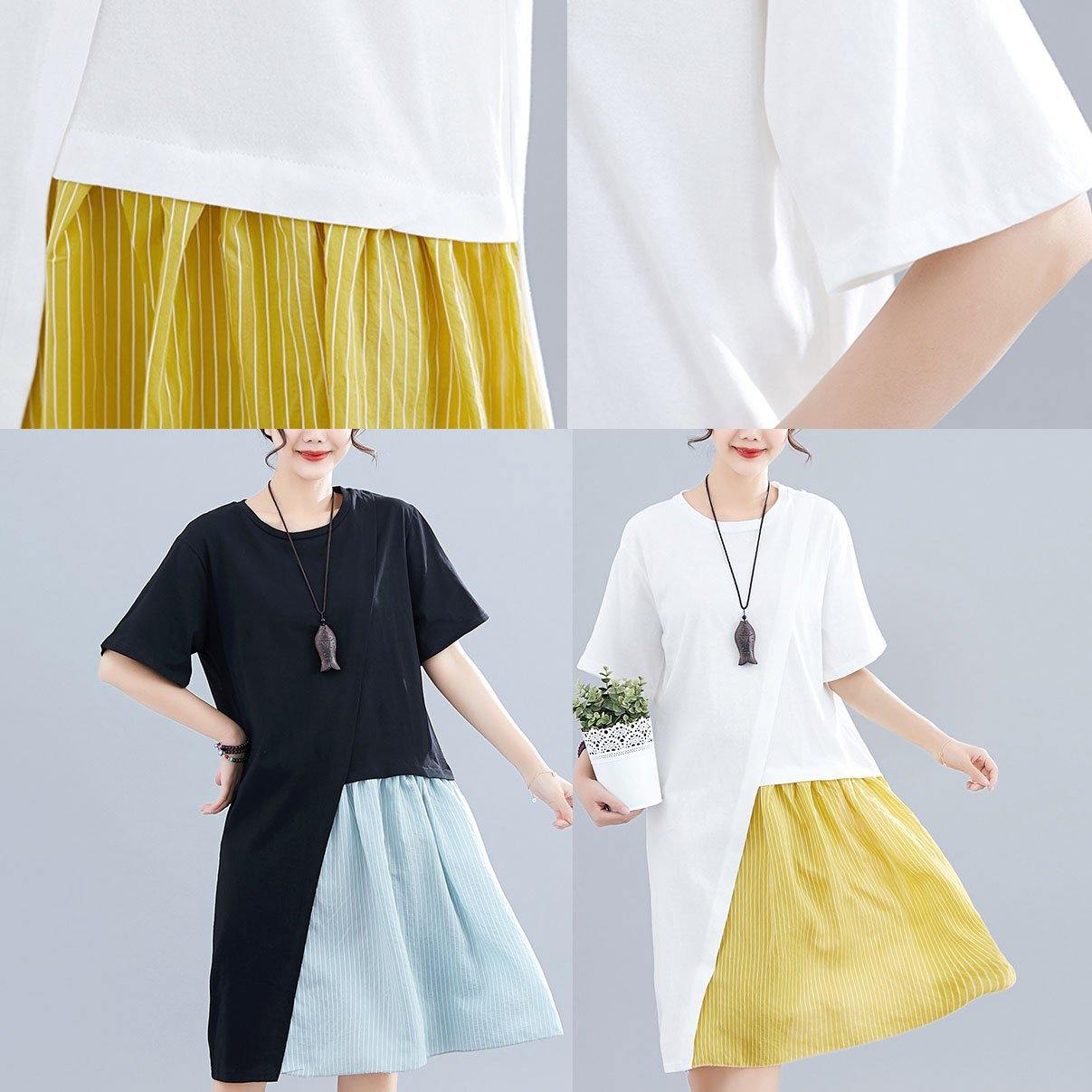 Italian Black Cotton Linen Clothes for Patchwork O Neck Baggy Summer Dresses