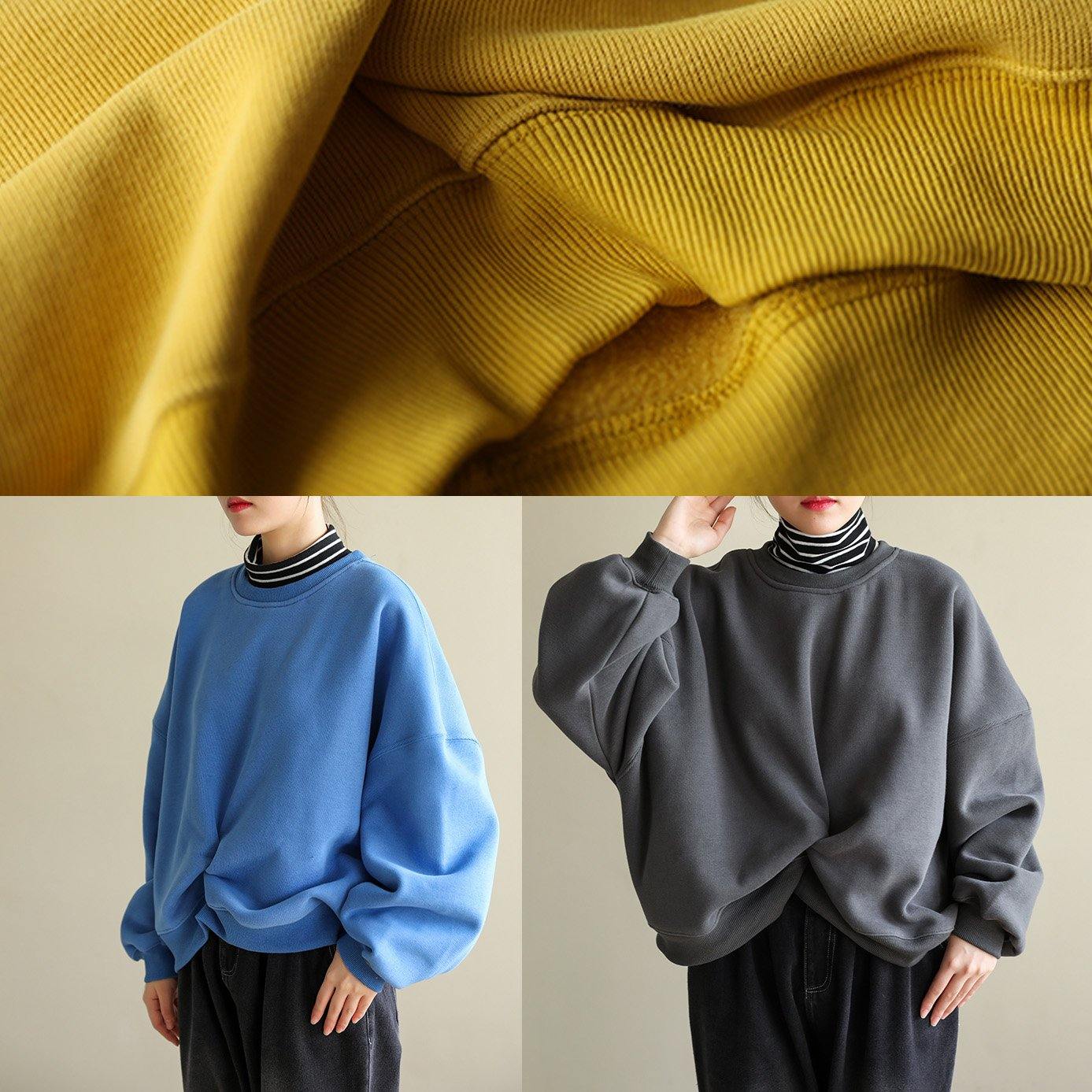 Italian blue cotton blouses for women false two pieces Knee spring Sweatshirt