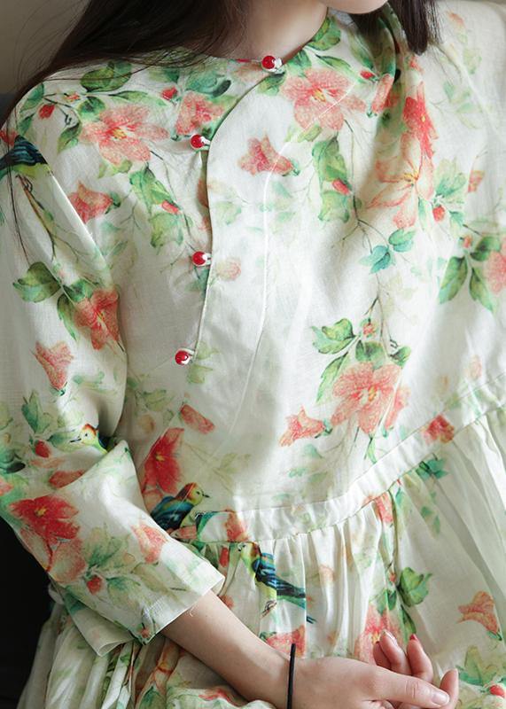 Italian O Neck Drawstring Linen Clothes for Inspiration Green Print Dresses