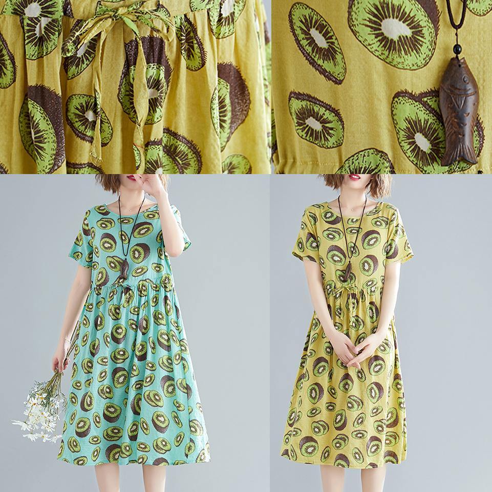 Italian O Neck Drawstring Linen Cotton Dress Outfits Yellow Print Daily Dress Summer