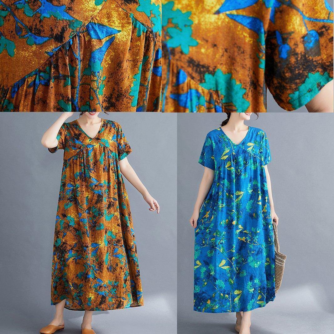 Italian V Neck Cinched Linen Wardrobes Pattern Blue Print Dresses Summer