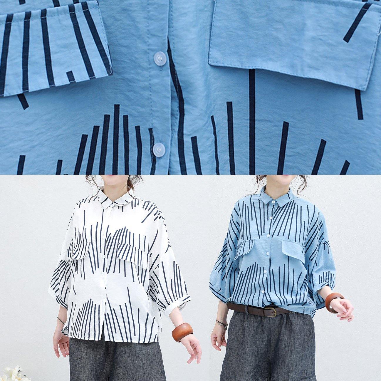 Italian White Asymmetric Striped Cotton Long Shirts Half Sleeve Art Summer Shirt