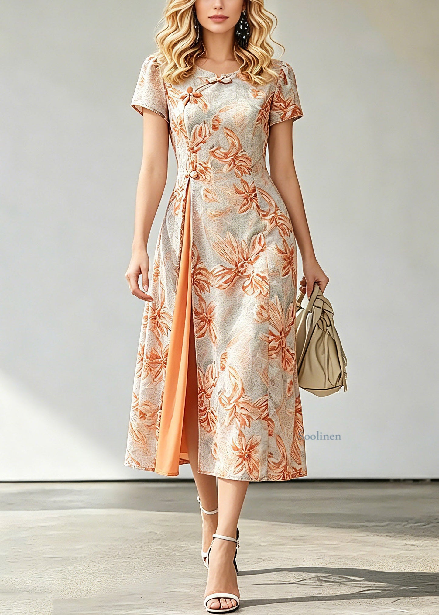 Jacquard Orange O-neck Asymmetrical Long Dresses Short Sleeve