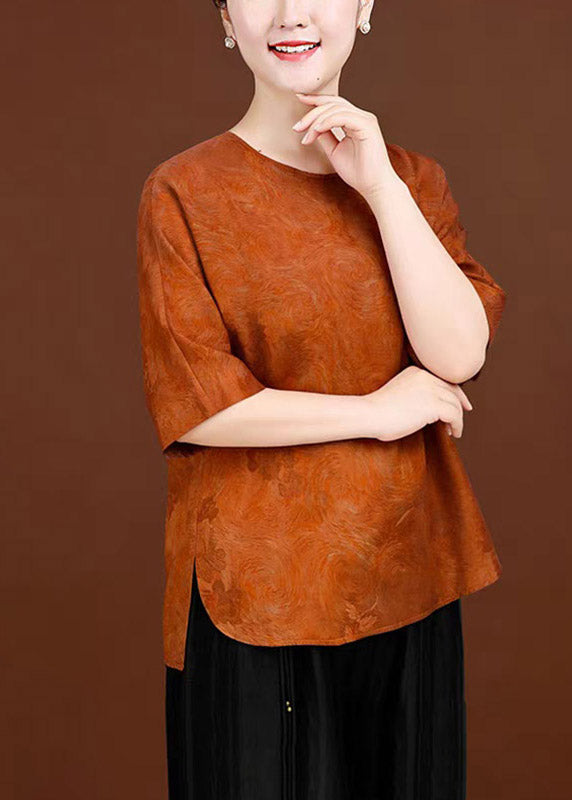 Jacquard Orange O-neck Low High Design Silk T Shirts Summer