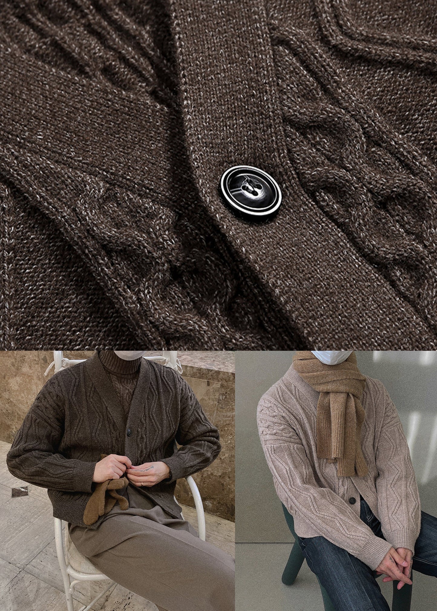 Khaki Button Cozy Silk Coat V Neck
