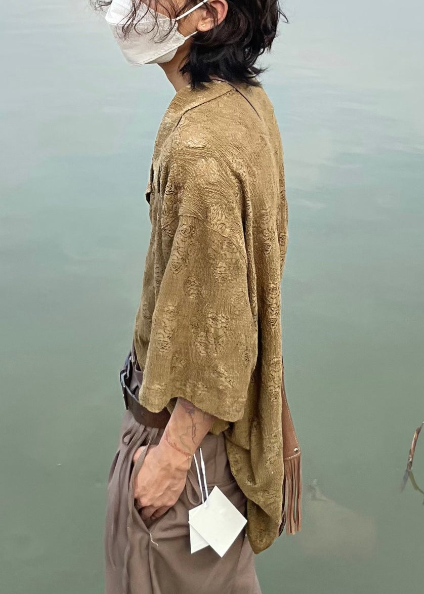 Khaki Button Pockets Shirt Peter Pan Collar Summer