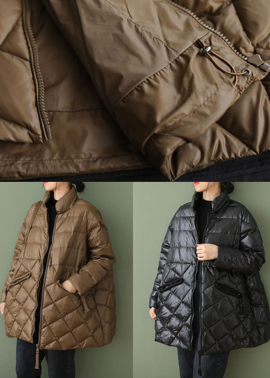 Khaki Fine Cotton Filled Parkaer Stand Collar Zip Up Winter