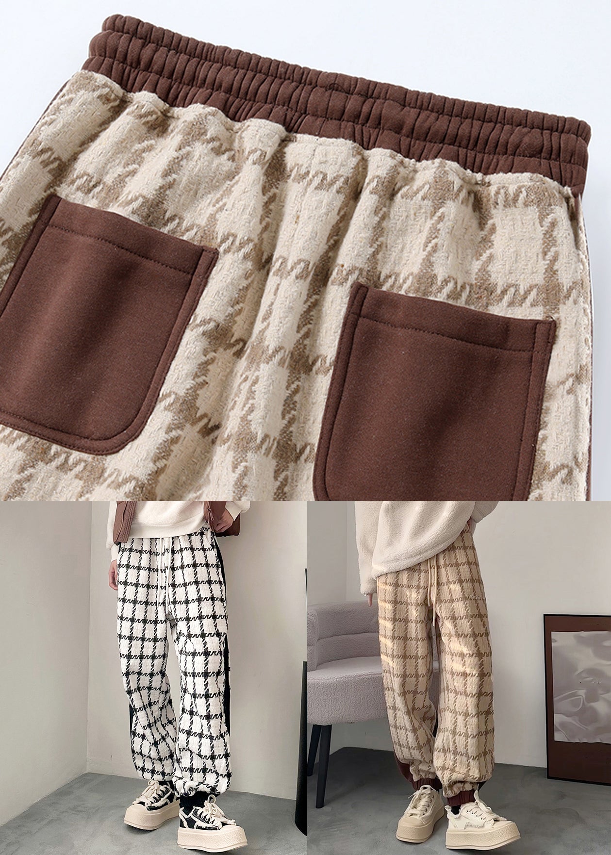 Khaki Plaid Lace Up Patchwork Cotton Pants Elastic Waist
