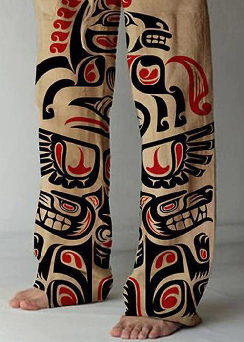Khaki Print Pockets Cotton Pants Elastic Waist Summer