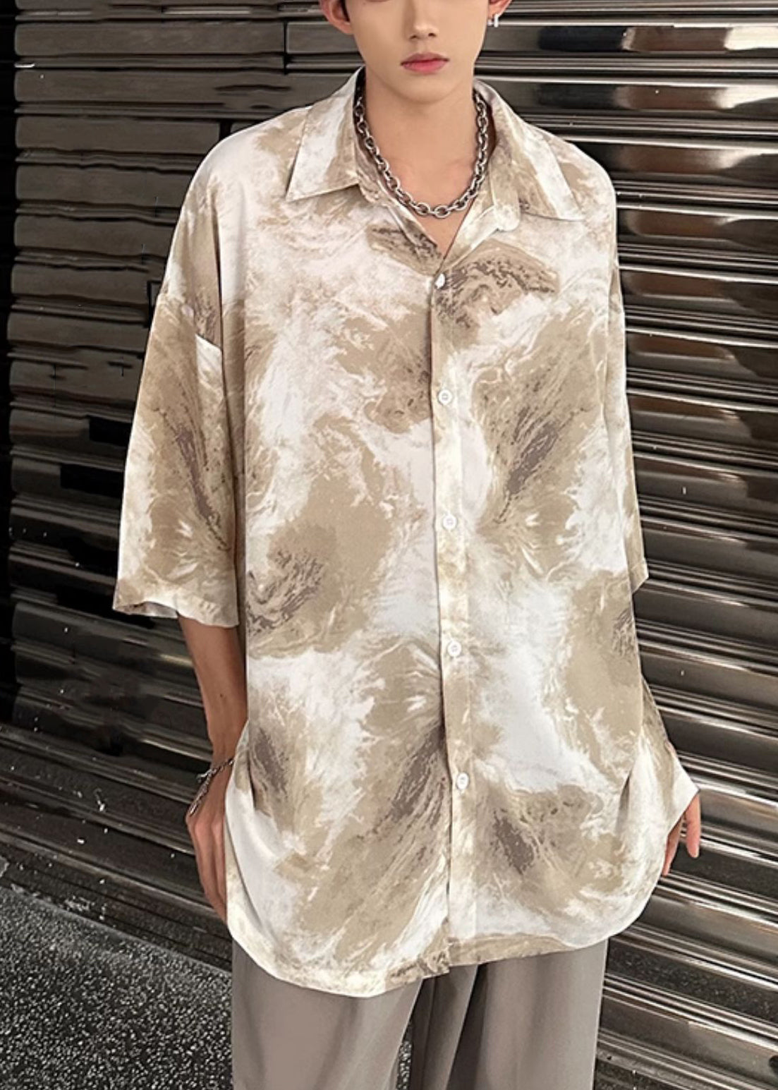 Khaki Tie Dye Ice Silk Shirts Peter Pan Collar Summer