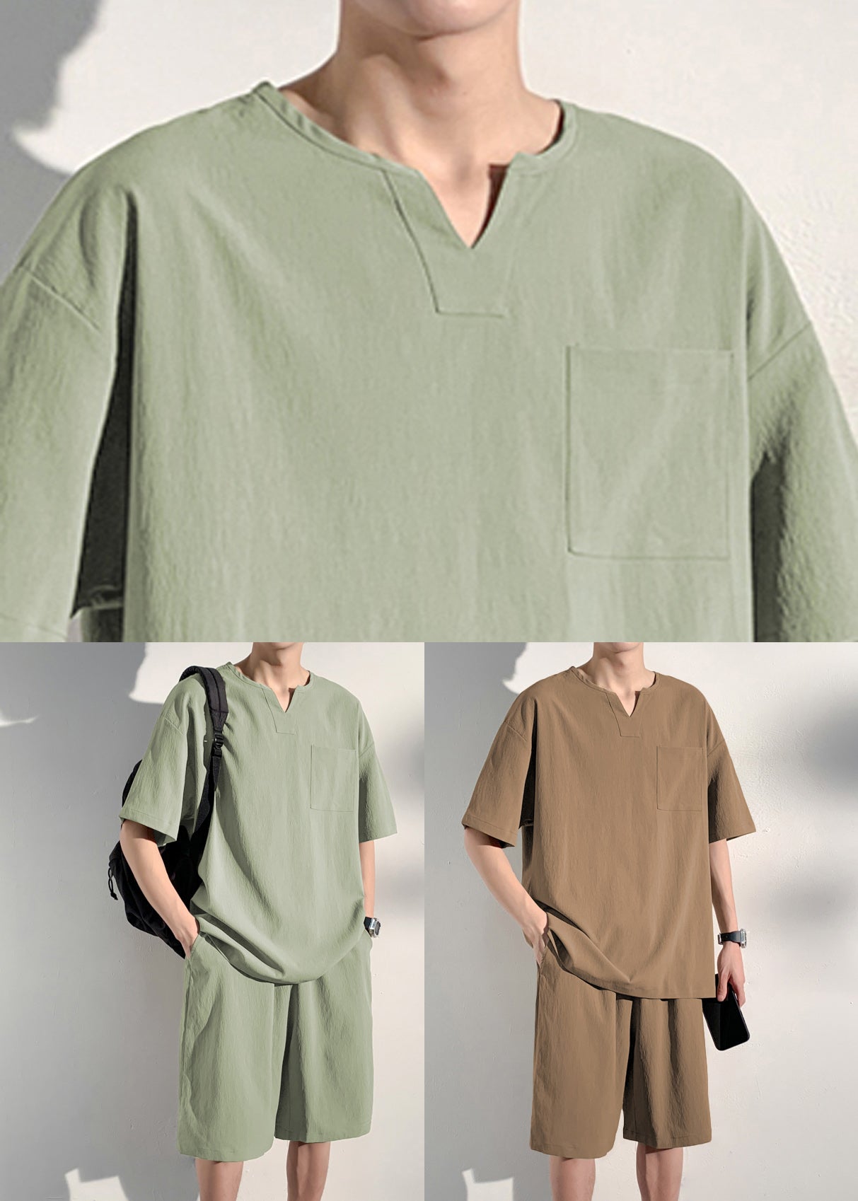 Khaki V Neck T Shirt and Shorts Two Pieces Set Short Sleeve