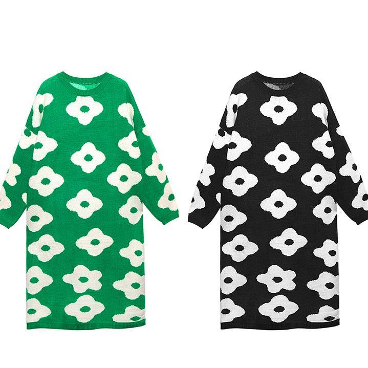 Knitted Black Print Sweater Aesthetic O Neck Baggy Knit Dress