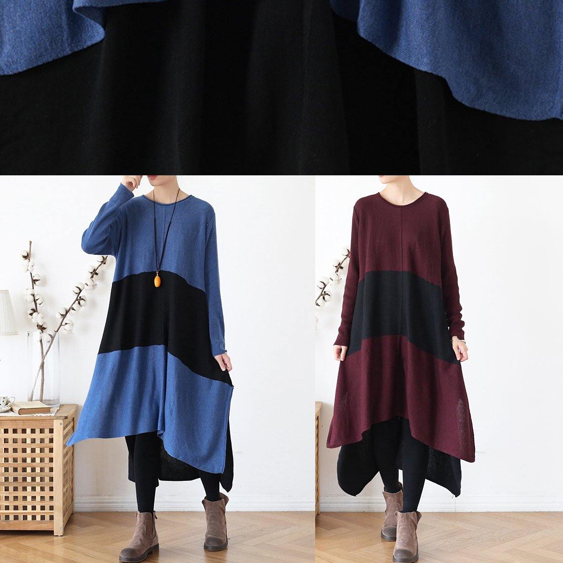 Knitted O Neck Patchwork Sweater Fall Weather Quotes Blue Tunic Knitwear