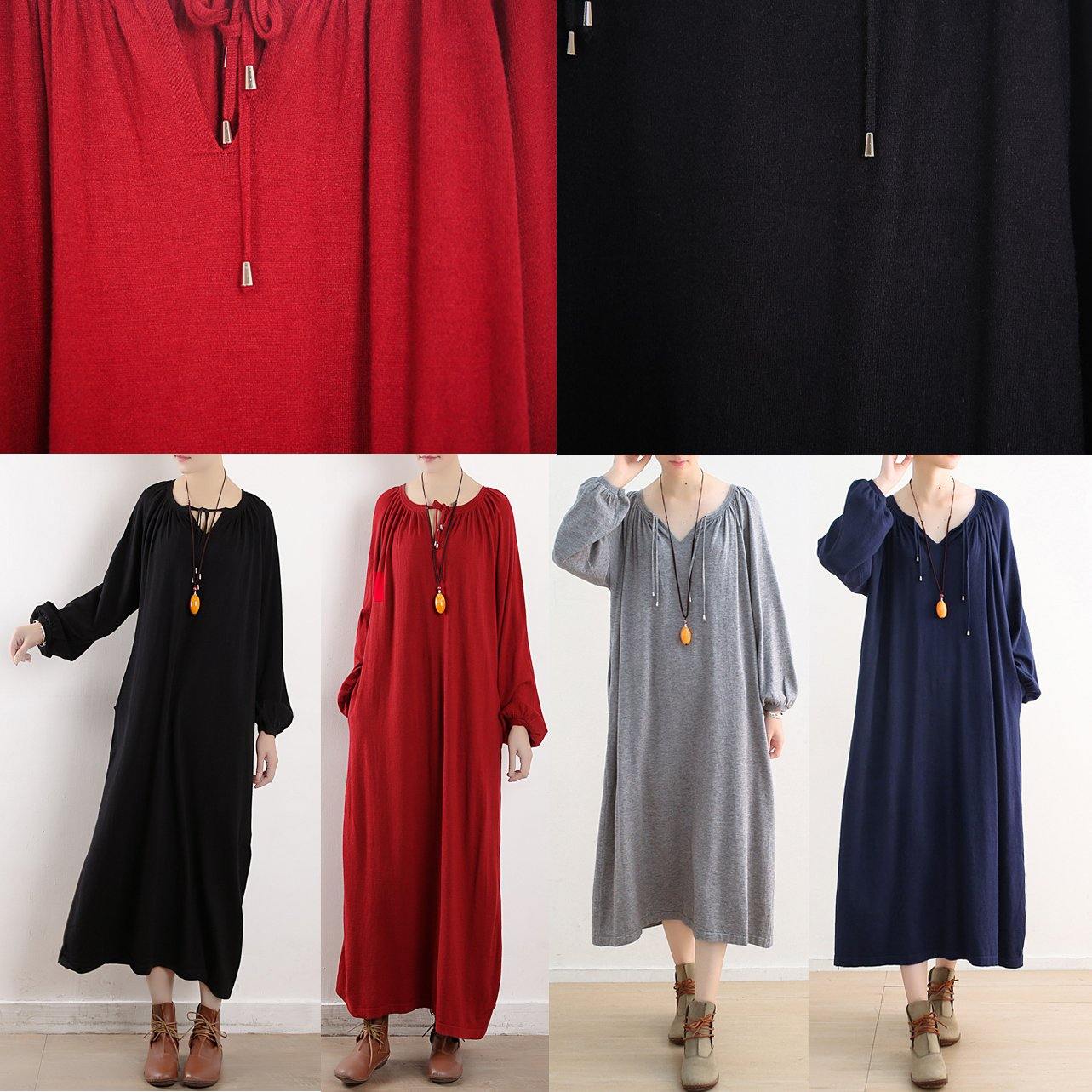 Knitted O Neck Cinched Sweater Dress Outfit Red Daily Knitwear Fall