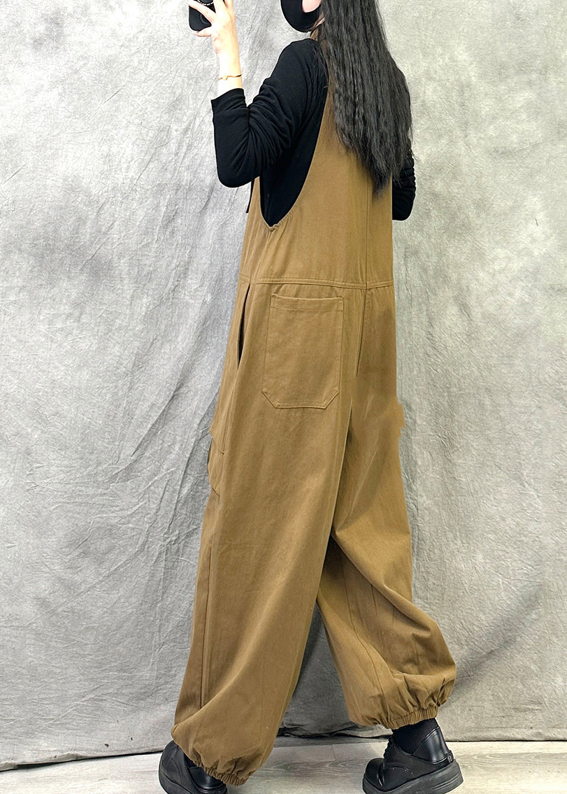 Leisure Khaki Pockets Patchwork Shoulder Straps Pants for Spring
