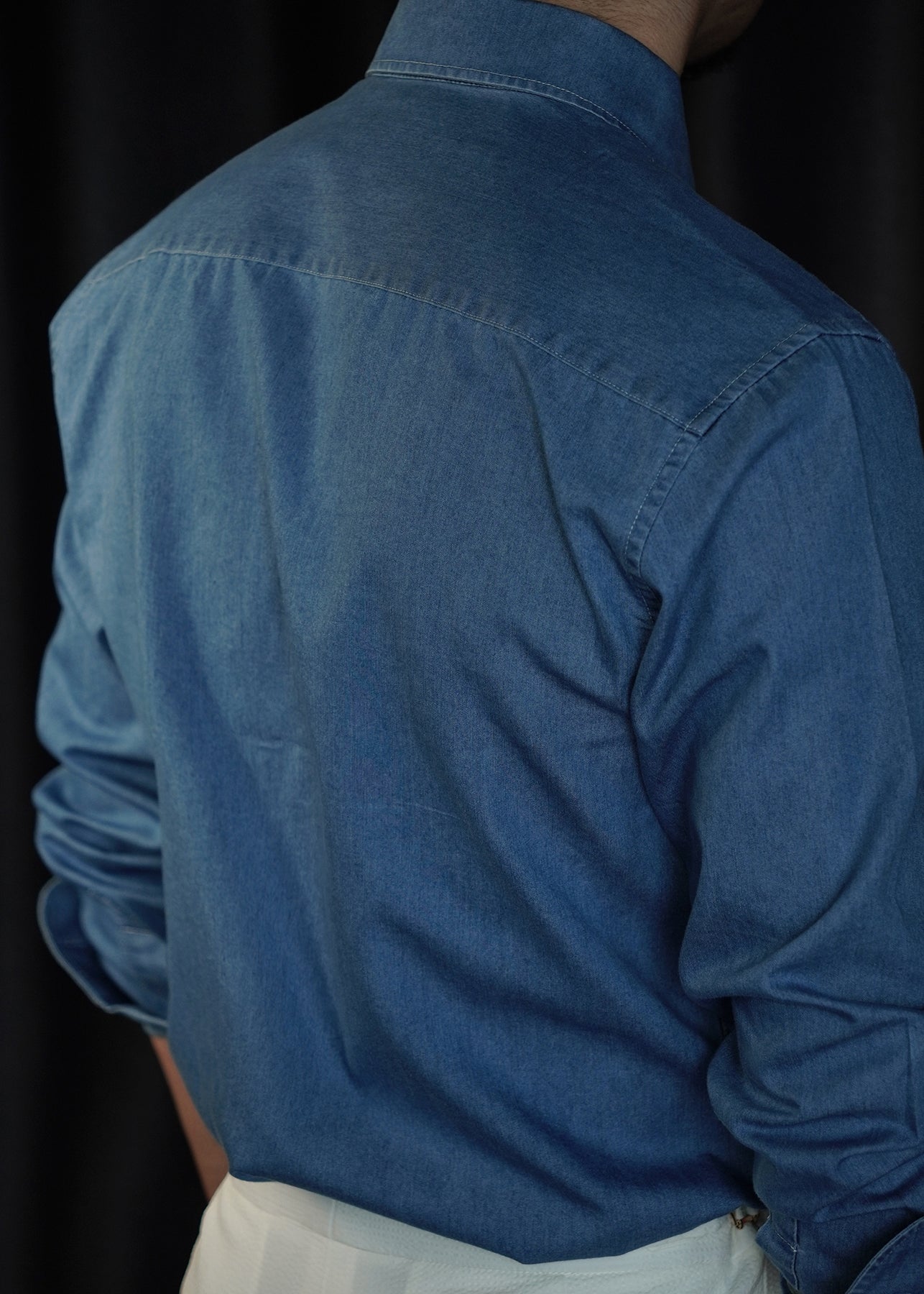 Light Blue Button Denim Men Shirts Peter Pan Collar Long Sleeve