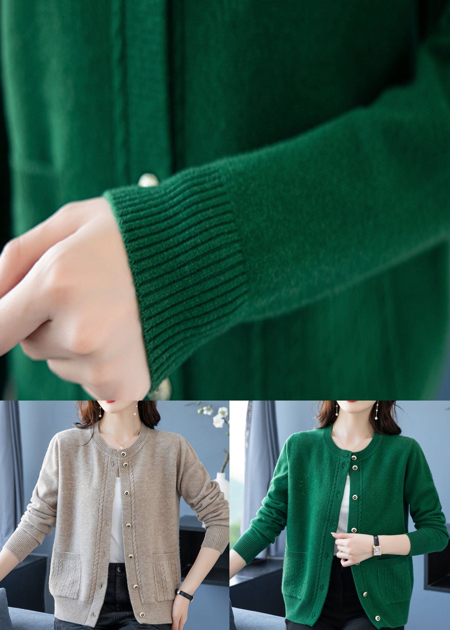 Light Camel Pockets Patchwork Wool Cardigans O-neck Button Fall