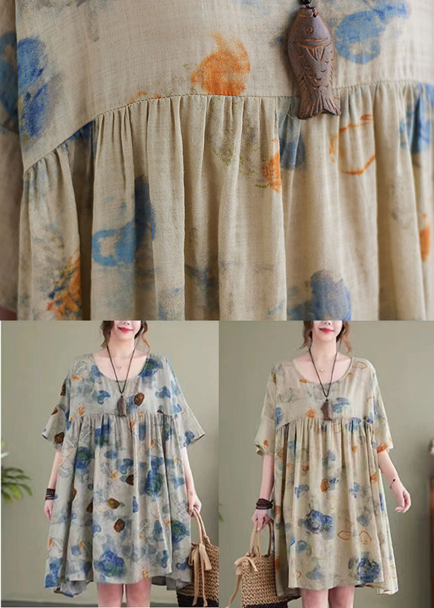 Light Green Print Patchwork Linen Loose Dress O-neck Short Sleeve