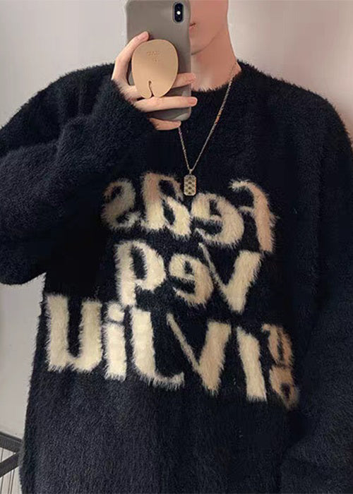 Loose Black Letter Thick Mink Hair Knitted Sweater Tops Winter