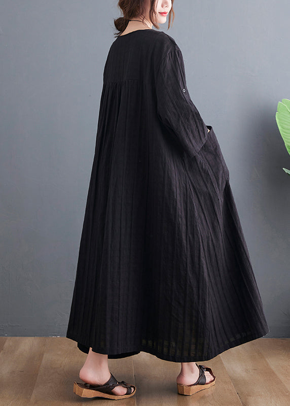 Loose Black O-neck Patchwork Pockets Maxi Dress Bracelet Sleeve