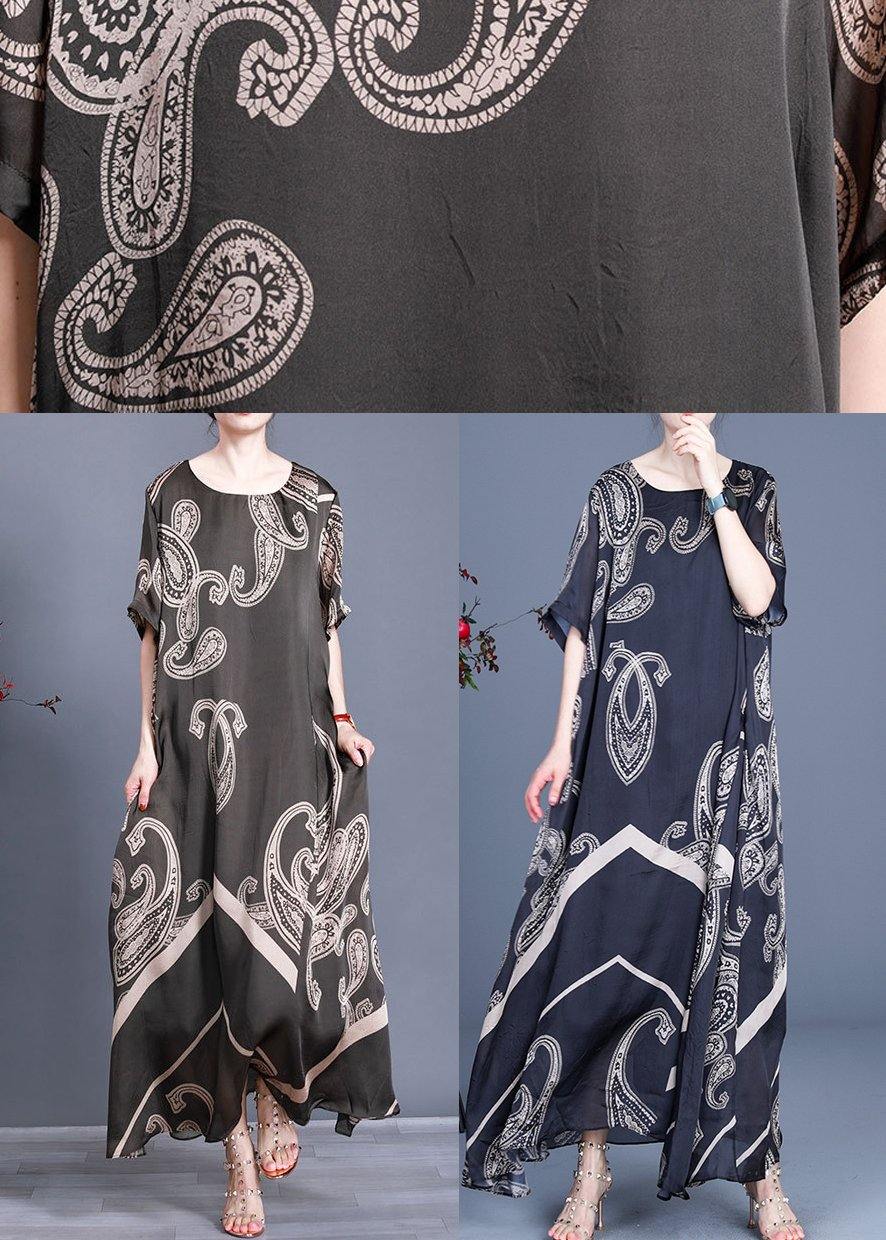 Loose Black Print Short Sleeve Silk Ankle Dress Summer