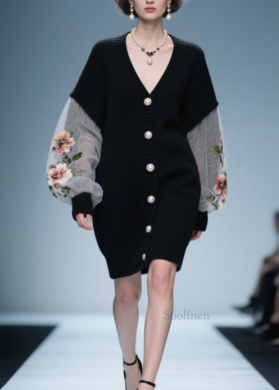 Loose Black V Neck Button Patchwork Knit Coat Fall