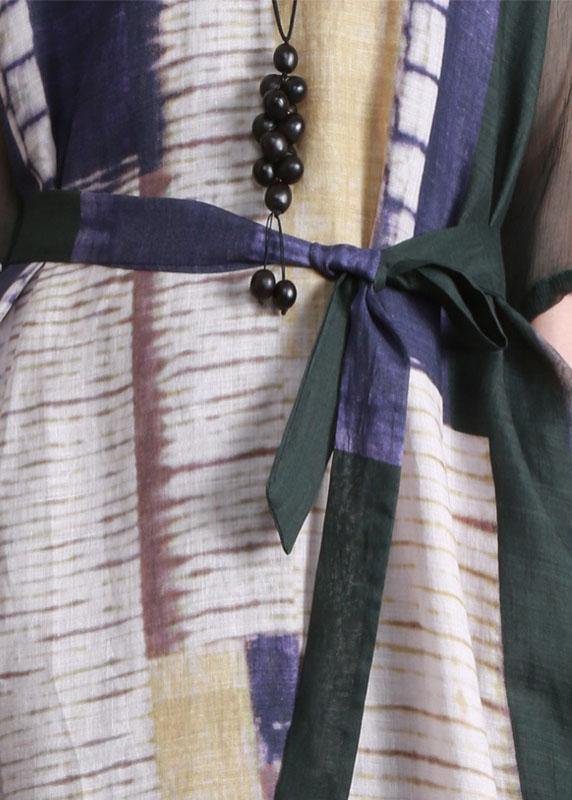 Loose Blackish Green Print Linen Maxi Dresses Half Sleeve