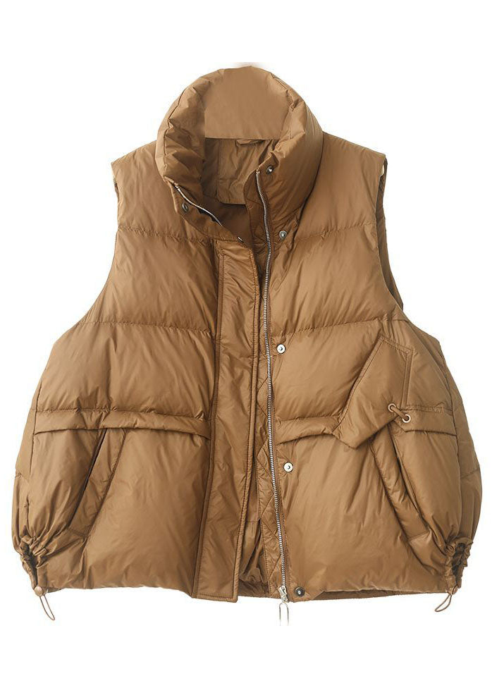 Loose Brown Stand Collar Zip Up Drawstring Duck Down Vest in Winter