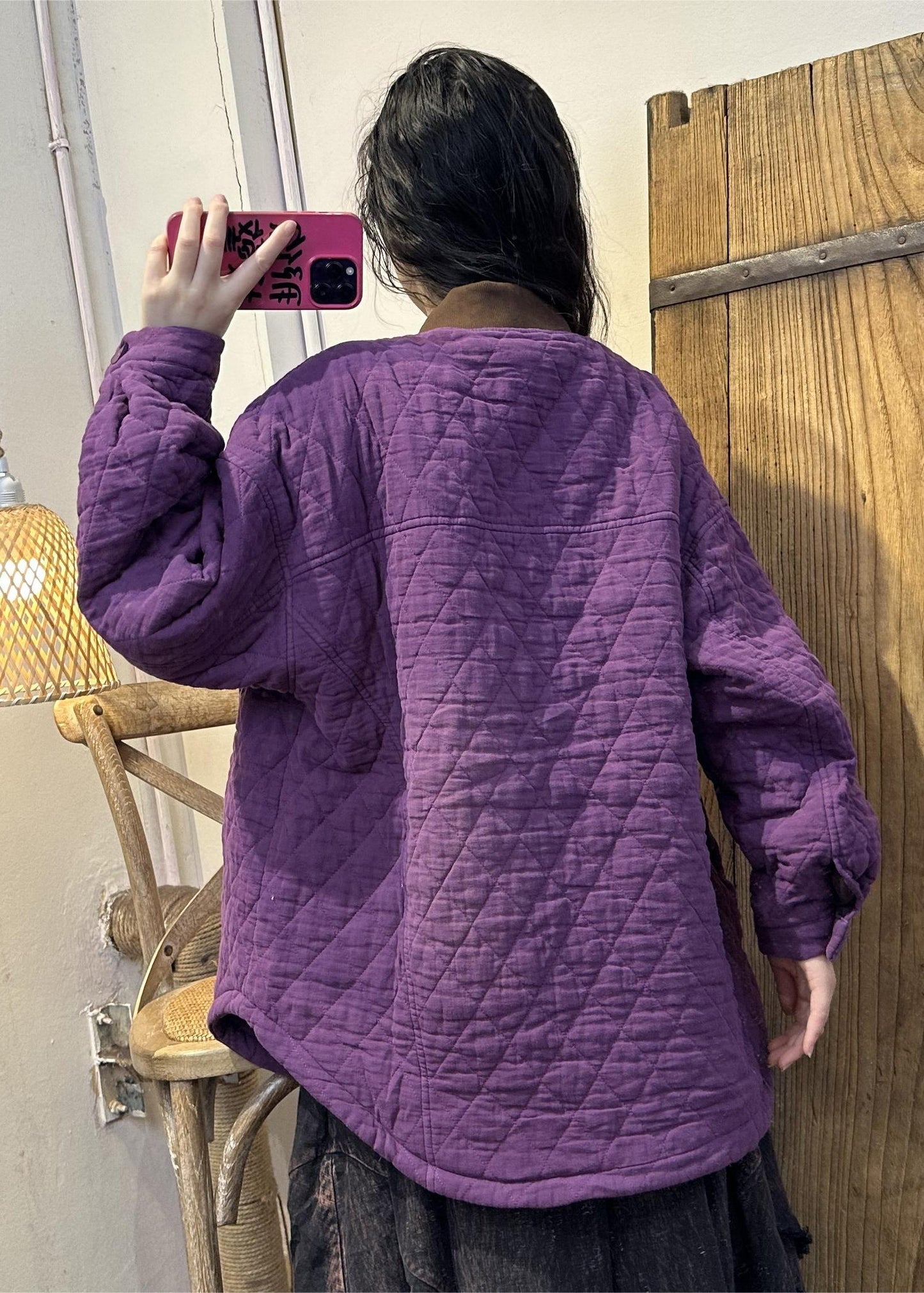 Loose Purple Pockets Button Fine Cotton Filled Coats Winter