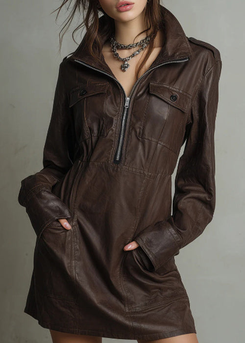 Loose Coffee Zip Up Pockets Faux Leather Mid Dress Spring