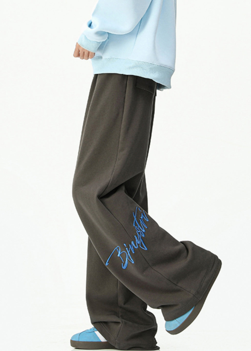 Loose Dark Gray Embroideried Pockets Cotton Wide Leg Pants Spring