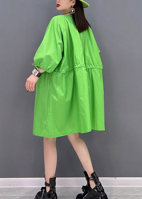 Loose Green O-neck Ruffled Drawstring Zippered Trench Coats Three Quarter Sleeve