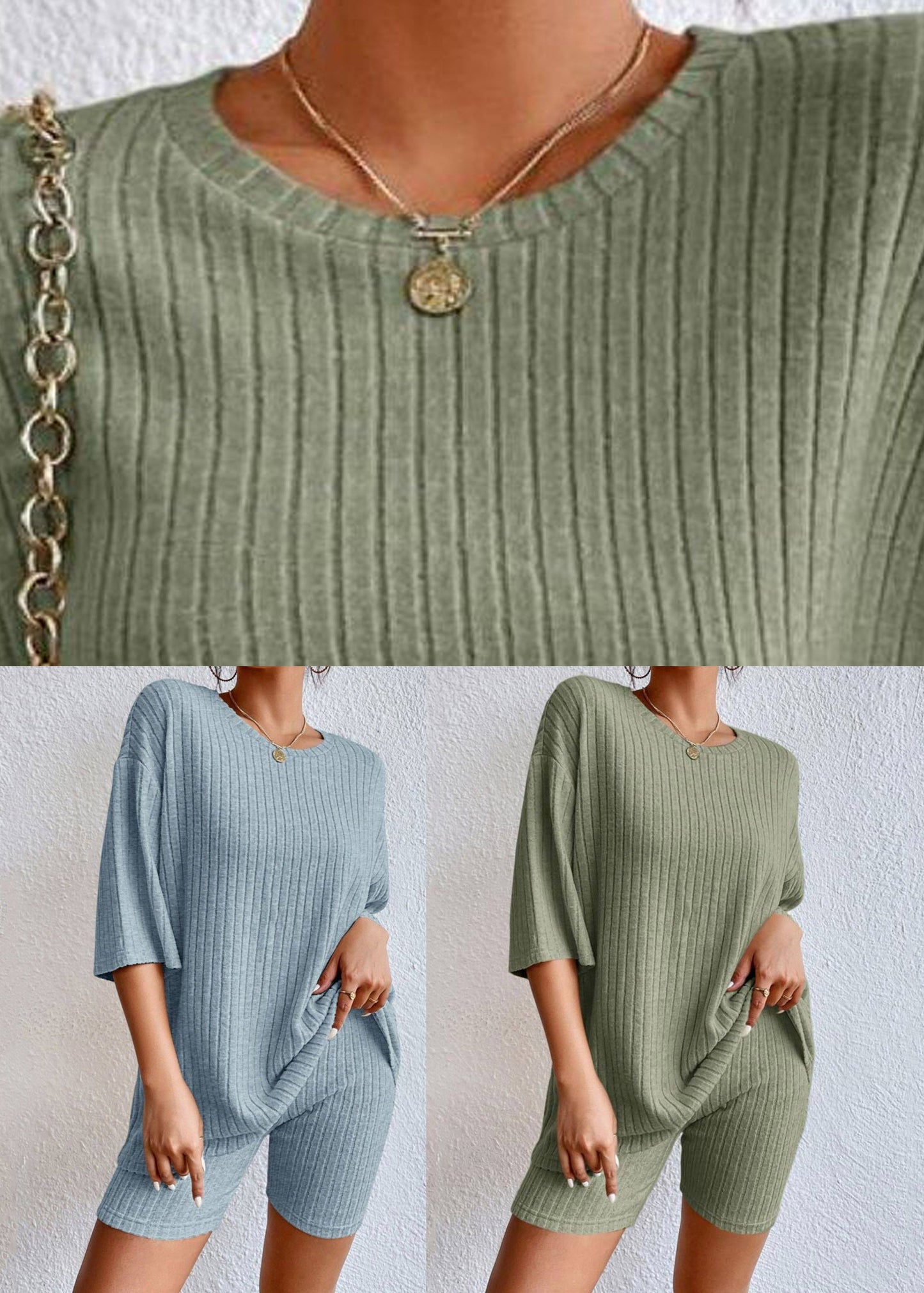 Loose Green O-neck T Shirts and Shorts Two Piece Set Summer