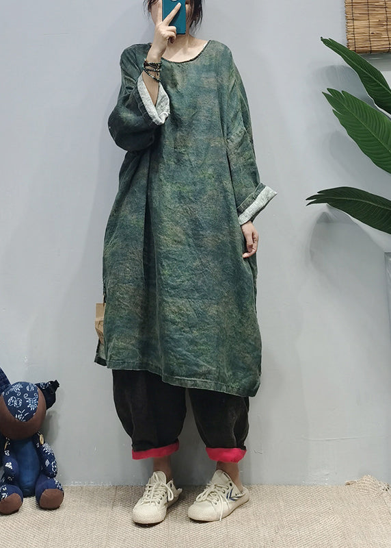 Loose Green O-neck Side Open Linen Dresses Caftan Long Sleeve