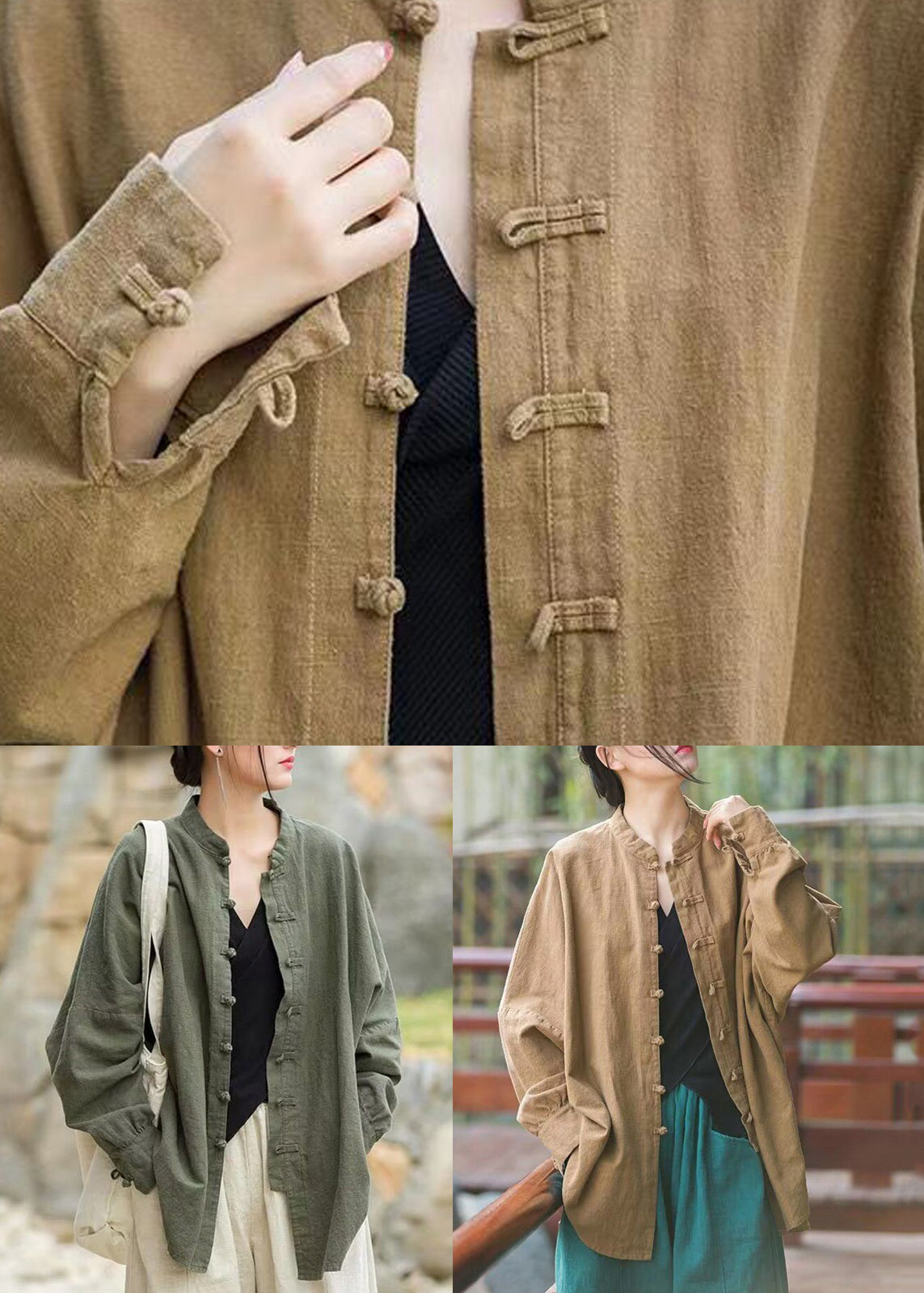 Loose Green Button Cotton Coats Long Sleeve