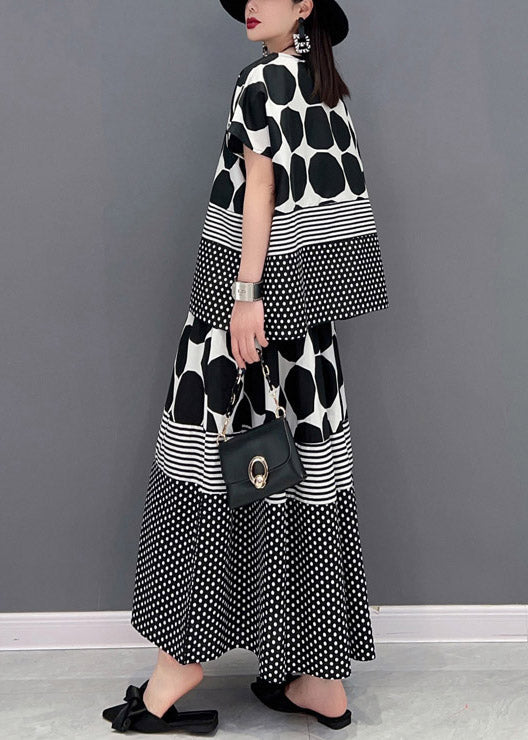 Loose Grey O-neck Dot Print Chiffon Tops and Skirts Two Pieces Set Short Sleeve