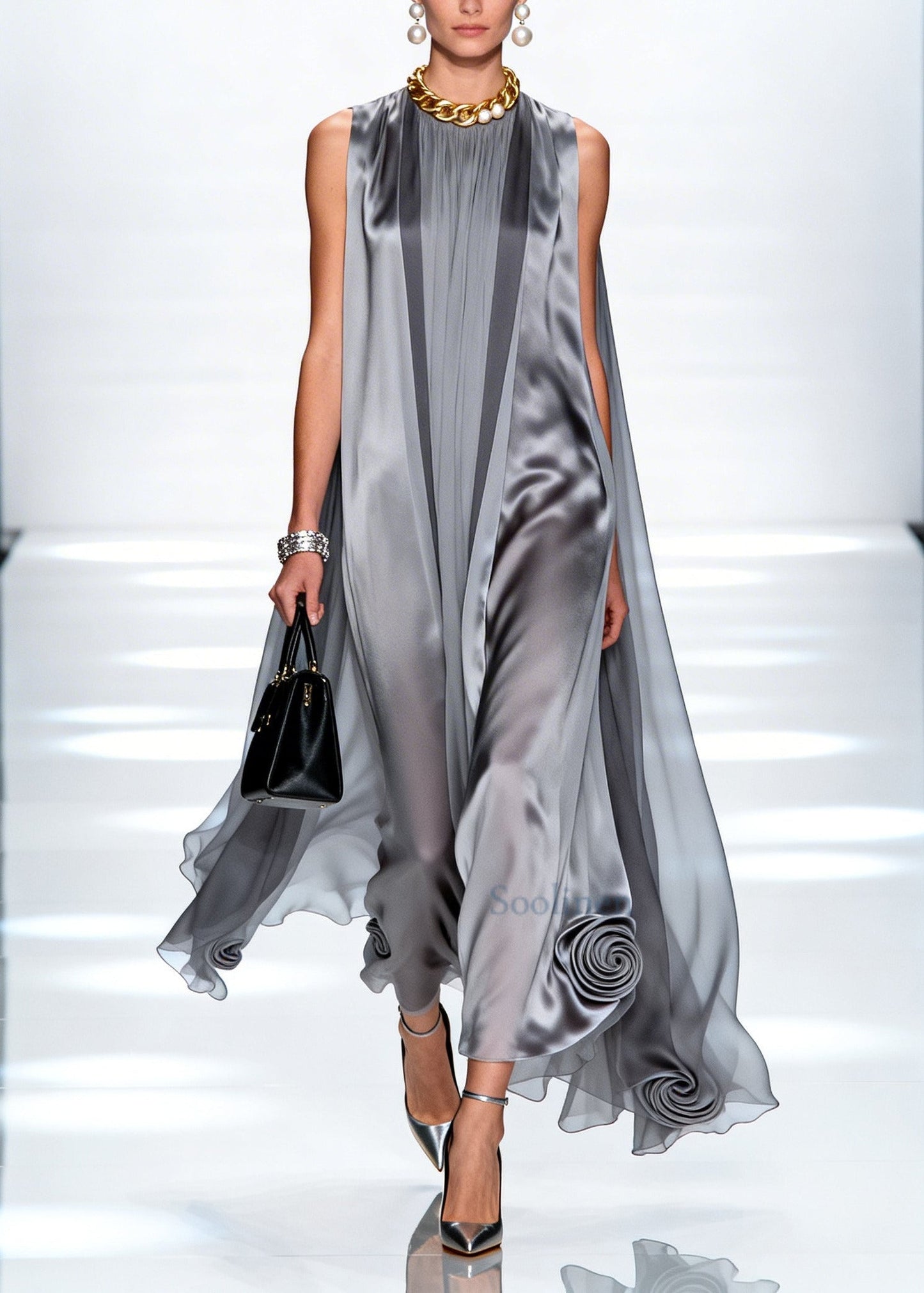 Loose Grey Oversized Stereoscopic Chiffon Long Dress Sleeveless