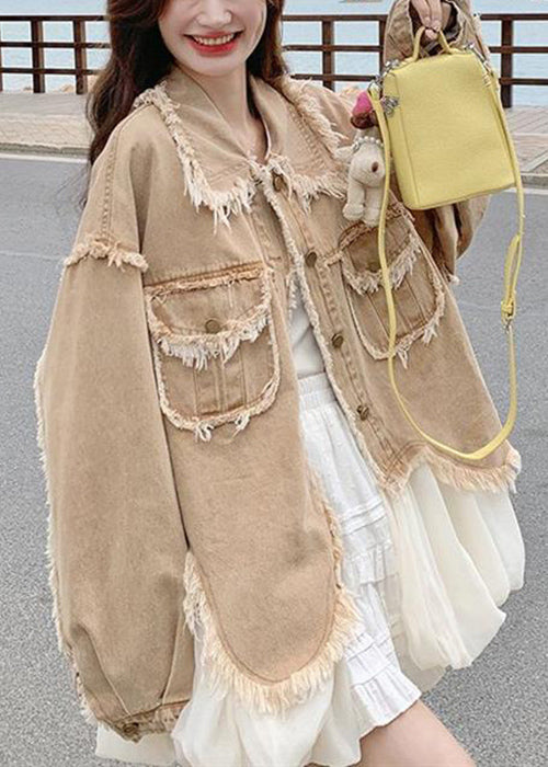 Loose Khaki Peter Pan Collar Raw Edge Pockets Denim Coats Spring