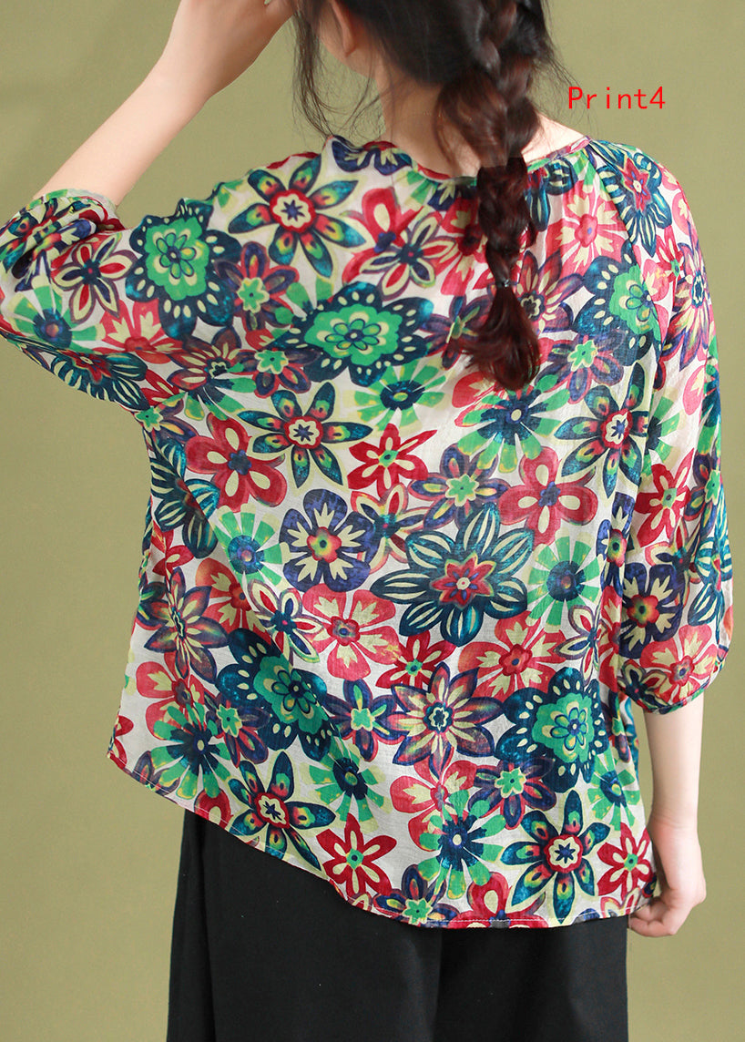 Loose O-neck Print Lace Up Cotton Shirt Top Half Sleeve