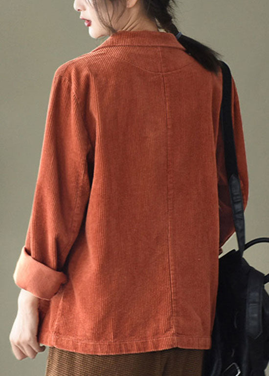 Loose Green Button Pockets Peter Pan Collar Corduroy Coat Long Sleeve