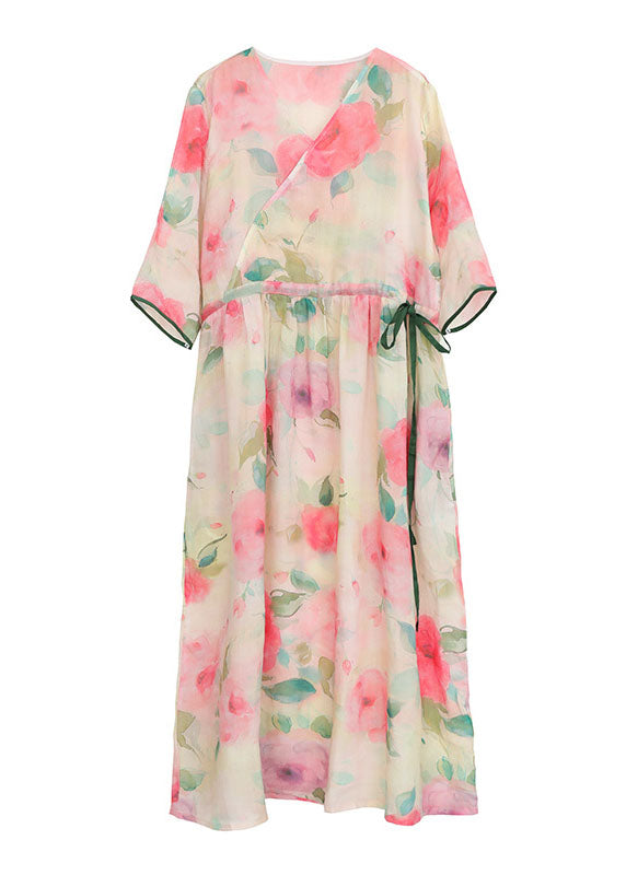Loose Pink O-neck Print Pocket Linen Long Dress Short Sleeve
