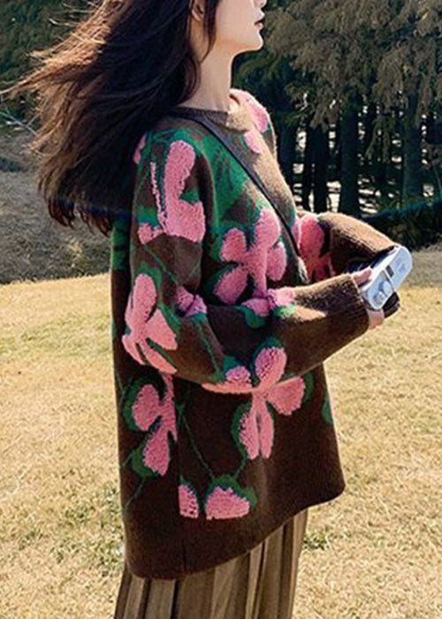 Loose Pink O Neck Thick Knit Sweater Spring