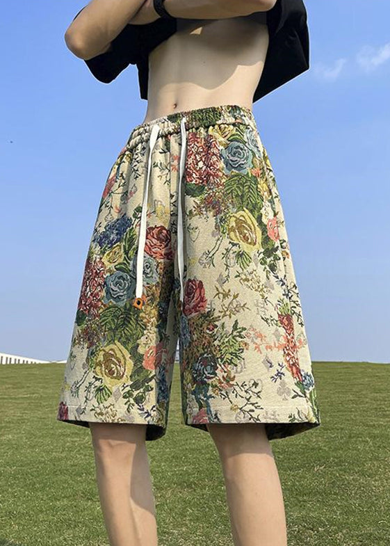 Loose Print Pockets Elastic Waist Cotton Beach Shorts Summer