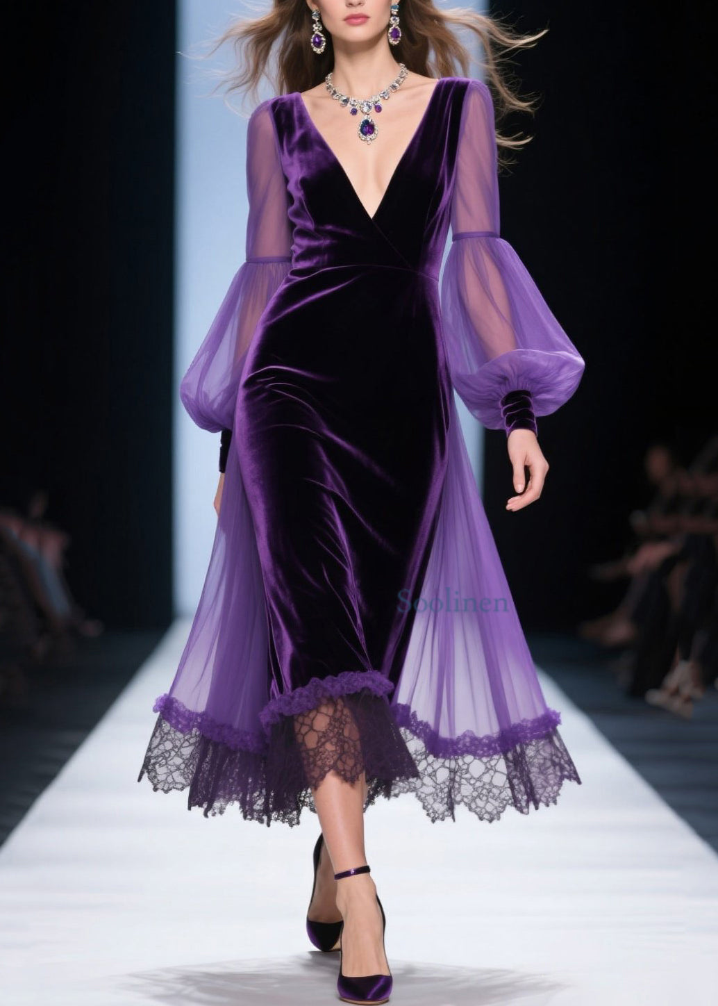 Loose Purple V Neck Lace Patchwork Velvet Dress Spring