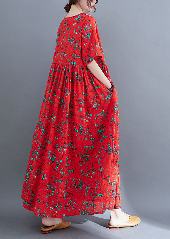 Loose Red O-neck Print Exra Large Hem Wrinkled Cotton Holiday Dress Short Sleeve