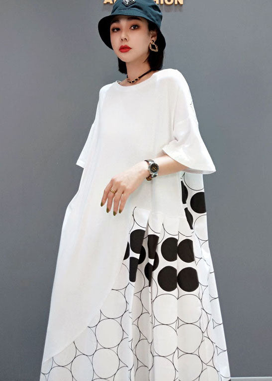 Loose White O-neck Asymmetrical Patchwork Wrinkled Dot Cotton Vacation Dresses Short Sleeve