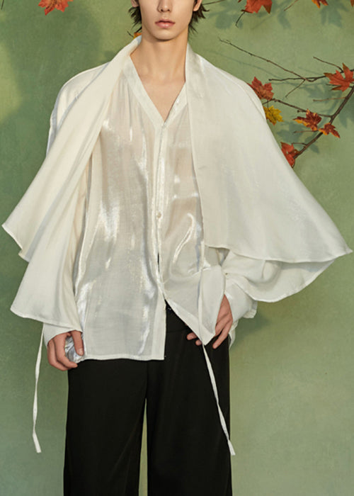 Loose White V Neck Lace Up False Two Pieces Silk Men Shirts Spring